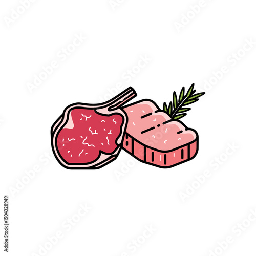Cutlet rests raw near rosemary food themed drawing