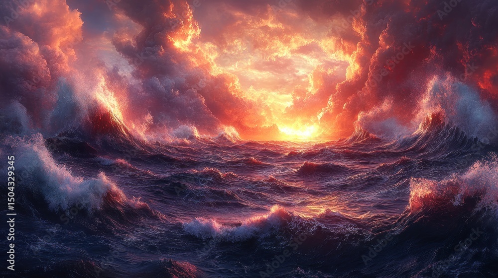 Dramatic ocean sunset with fiery clouds and large waves. Dramatic ocean sunset with fiery clouds and large waves.