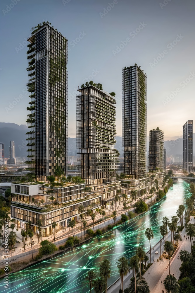 Obraz premium Stylized city skyline with modern buildings and a waterfront view.