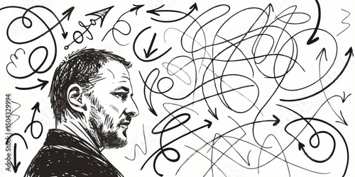 Man profile surrounded by abstract arrows and scribbles
