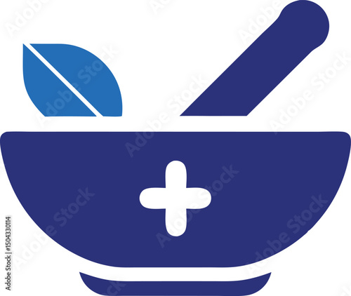 Blue bowl with plus sign and leaf shows natural medicine preparation process