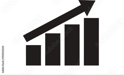 Upward moving arrow lies across sequentially increasing graph columns representing growth against white background
