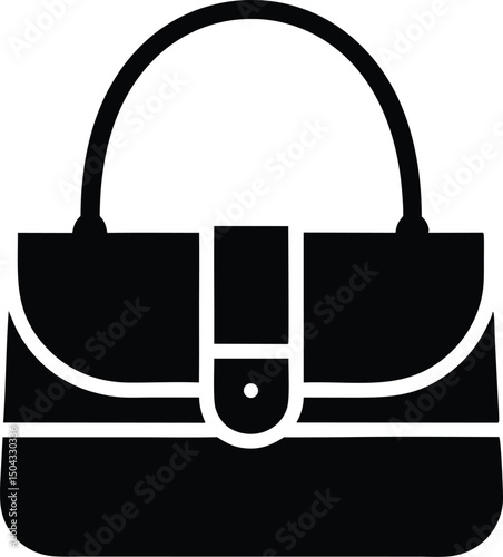 Black purse features flap, handle, and front closure on a white background