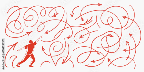 Man navigating a maze of conflicting arrows