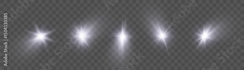 Set of glowing white highlights with radial light burst and transparent glow. Isolated highlights for effects, overlays, UI lighting.