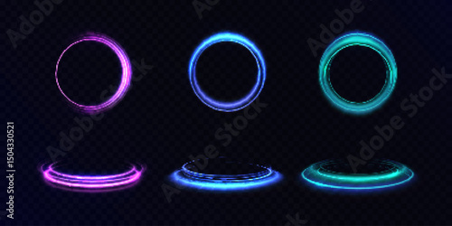 Bright light rings circles with neon effect. Round frame light effect on black background. For web design and illustrations