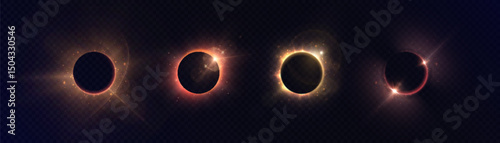 Set of glowing sun rings with lens flares and light halos on dark background. Realistic solar eclipse effects for overlays, design accents or astronomical visuals.