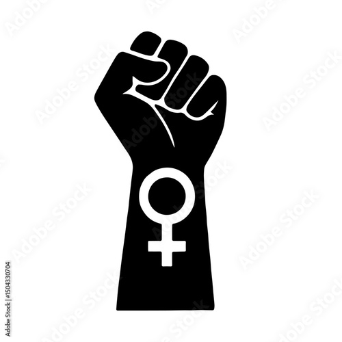 Symbol of feminist movement. Woman hand with her fist raised up. Girl Power. Happy Women's Day concept. Black and white