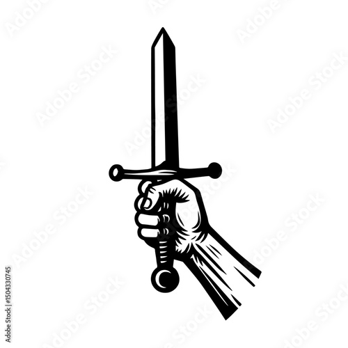 Hand holding sword or dagger medieval weapon, vector illustration.
