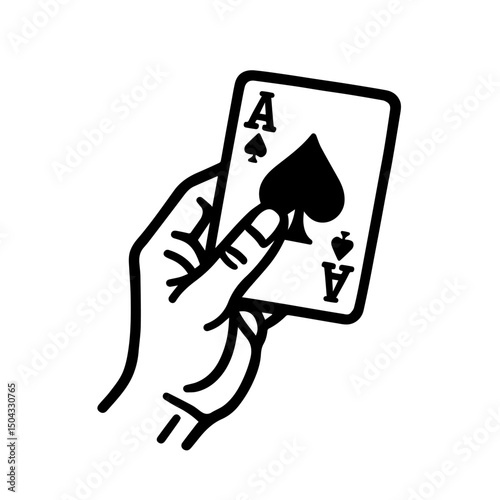 Hand holding ace of spades card. Poker player's hand. Sketch isolated on white background.
