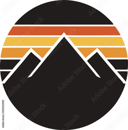 Silhouette of mountain range within a circle has stylized sunset with horizontal stripes