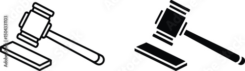Two gavel icons illustrate justice and legal processes in contrasting black and white forms