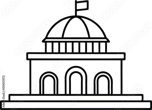 Line art shows a simple building with a dome roof and transparent background