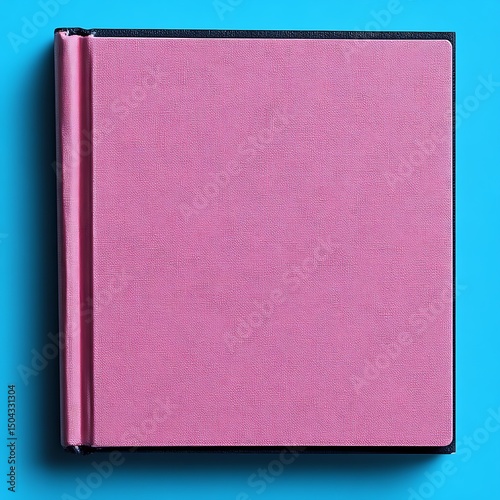 An isolated pink colored book lays on a striking blue background