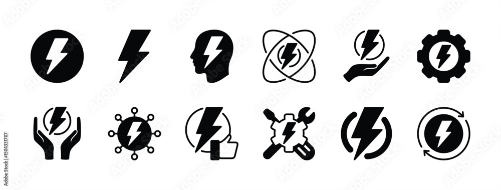 Obraz premium Electrical power energy icon vector set. Contains saving electricity, innovation, production, renewable, repair or maintenance, environment, sustainable, core, thinks. Electric symbol illustration