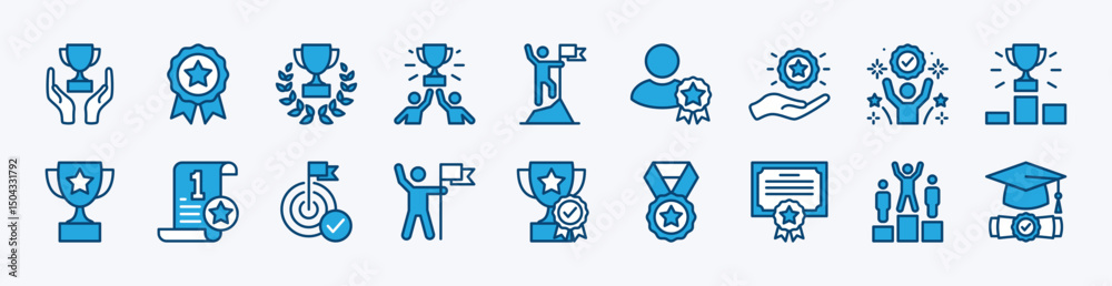Fototapeta premium Set of success icon vector. Successful business achievement. Contains winner, award, trophy, medal, reward, victory, laurel, goal, target, competition, celebration, certified, graduation, ribbon