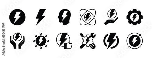 Electrical power energy icon vector set. Contains saving electricity, innovation, production, renewable, repair or maintenance, environment, sustainable, core, thinks. Electric symbol illustration