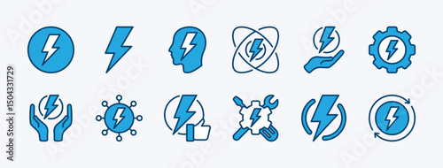 Set of electrical power energy icon vector. Contains saving electricity, innovation, production, renewable, repair or maintenance, environment, sustainable, core, thinks. Electric symbol illustration