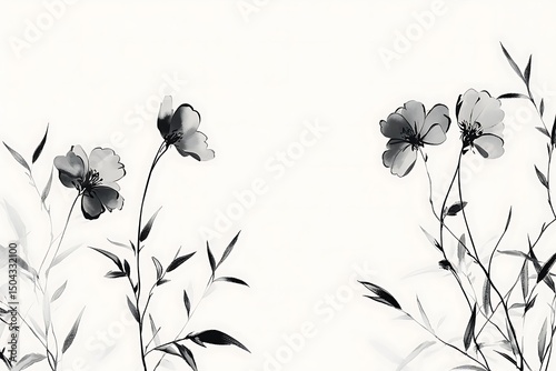Ink Wash Painting of Blooming Flowers and Bamboo Leaves, Grayscale Watercolor Texture