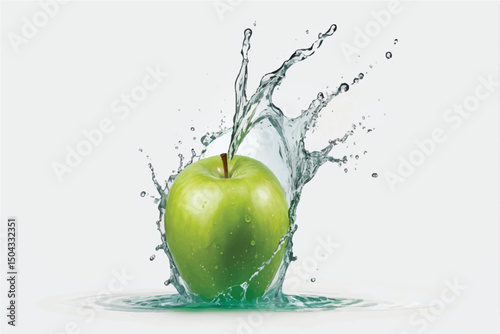 green apple splashing in fresh water isolated on white background