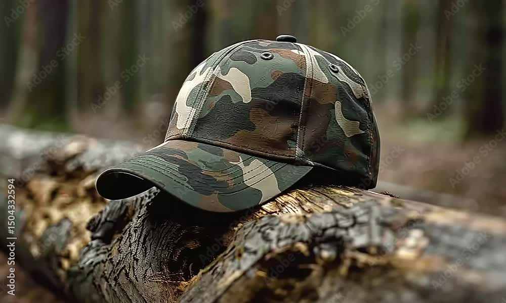 Camouflage Military-Style Baseball Cap on a Rustic Wooden Log in the Forest – Outdoor Gear Scene