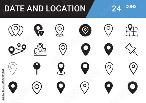 Date and Location Icons: A set of 24 unique location icons, each meticulously designed, offering versatile graphics for various design applications, cartography, and digital interfaces. 