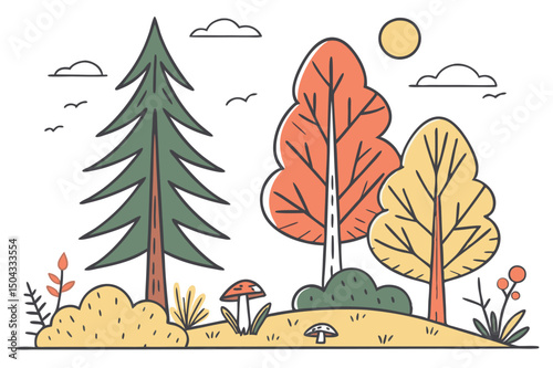 Autumn countryside landscape with trees, green grass, and a clear sky, illustrating the peaceful fall season