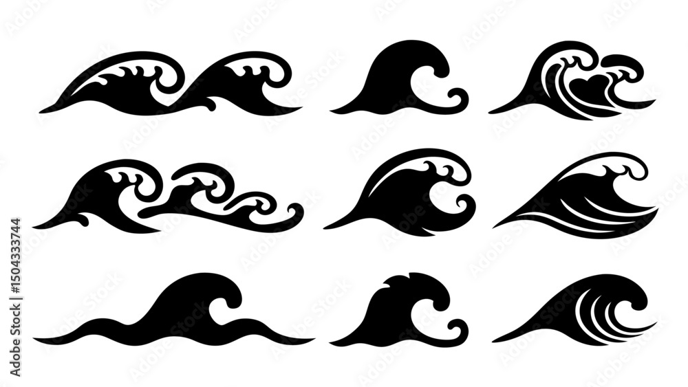 Fototapeta premium Set of sea wave silhouette isolated on white background.