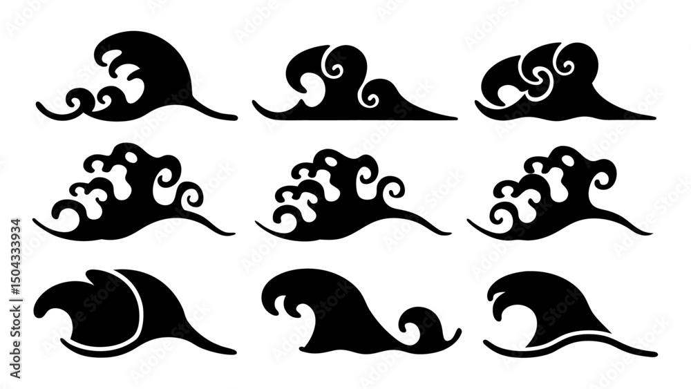 Naklejka premium Set of sea wave silhouette isolated on white background.