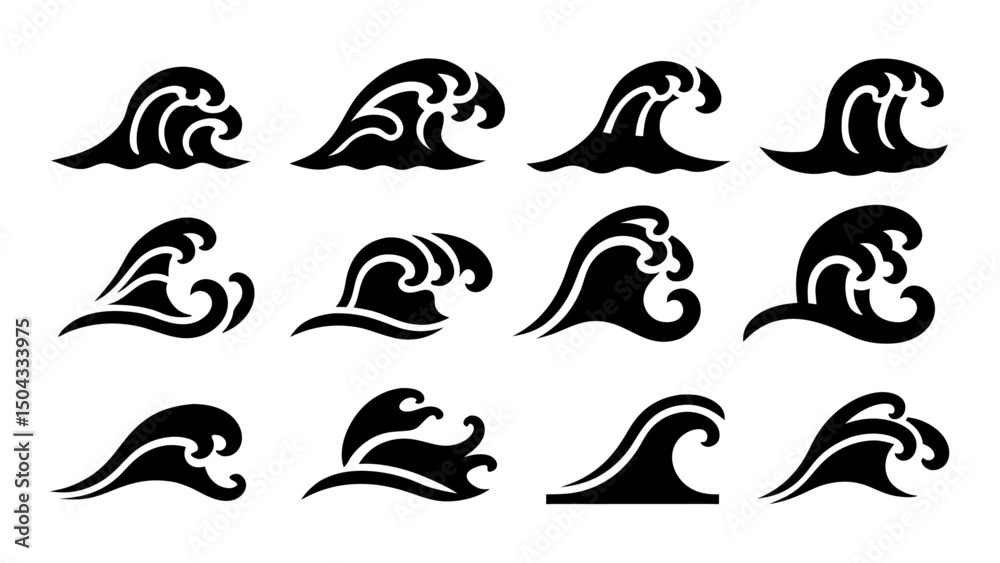 Fototapeta premium Set of sea wave silhouette isolated on white background.
