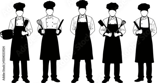 Five Silhouettes of Chefs in Uniform, Holding Culinary Utensils
