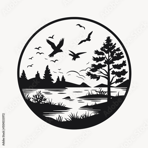 Serene lakeside view of forest and birds in black silhouette