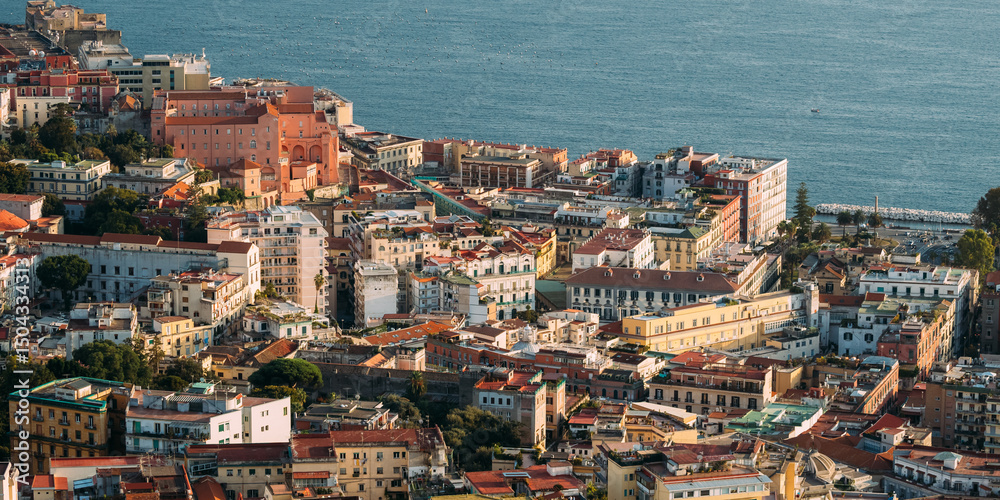 Fototapeta premium Naples, Italy. Top View Cityscape Skyline Of House In Residential Area And Part Of Gulf Of Naples In Sunny Day