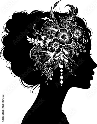 Elegant Silhouette of a Woman Adorned with Floral Design  A Black and White Illustration