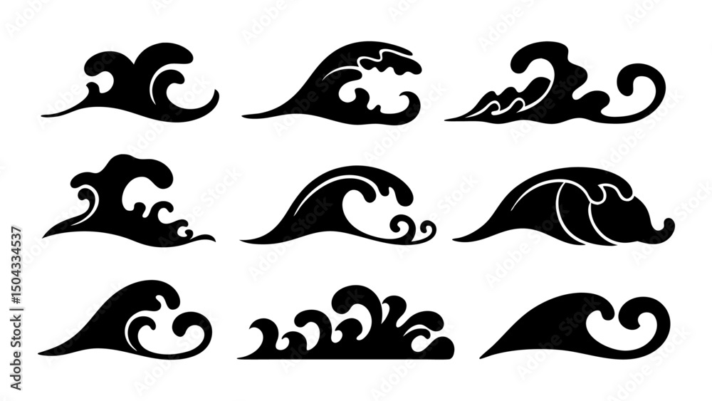 Fototapeta premium Set of sea wave silhouette isolated on white background.