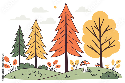 Autumn forest landscape with colorful maple leaves and green trees