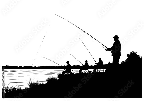 Silhouette of Four Fishermen Enjoying a Peaceful Day of Fishing by the Lake