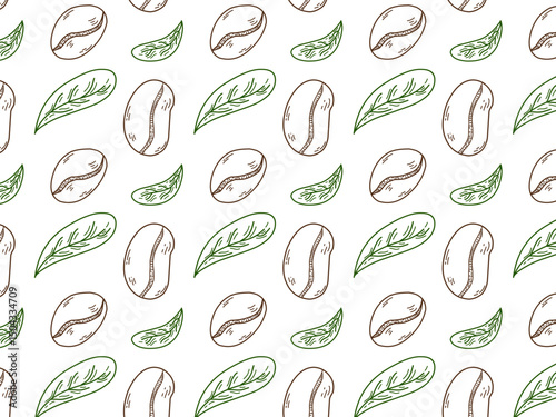 Hand-drawn vector illustration featuring coffee beans and  coffee leaves in a clean black and white line art style. This minimalist doodle design is perfect for coffee packaging, café branding