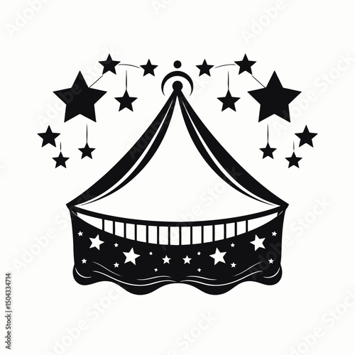 Dreamy nursery crib canopy with hanging stars vector silhouette