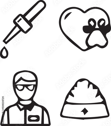 Veterinary Icons: A collection of hand-drawn veterinary-themed icons, including a dropper with a single drop falling, a heart shape with a paw print, a person with glasses, and a pet house.
