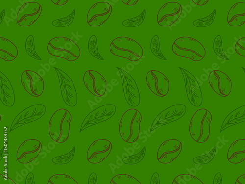 Hand-drawn vector illustration featuring two coffee beans and two coffee leaves in a clean green and brown line art style. This minimalist doodle design is perfect for coffee packaging, café branding