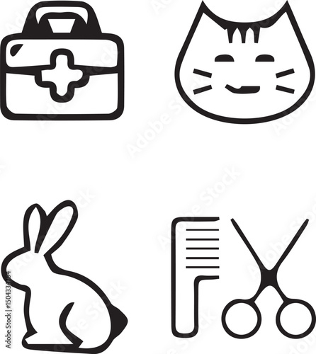 Pet Care Pictograms: A collection of vector pictograms representing essential elements of pet care, including a first aid kit, cat, rabbit, comb, and scissors.