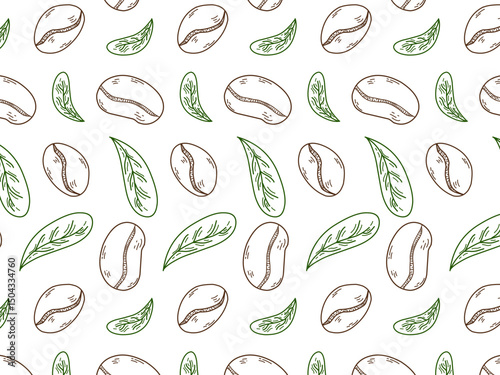 Hand-drawn vector illustration featuring coffee beans and coffee leaves in a clean black and white line art style. This minimalist doodle design is perfect for coffee packaging, café branding