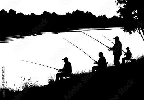 Serene Silhouette Men Enjoying a Peaceful Fishing Trip by the River