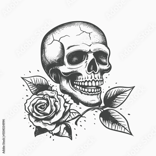 Detailed drawing of a skull with a rose monochrome silhouette