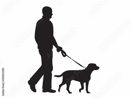 Silhouette of a man walking a dog on a leash in a simple black and white illustration style image scene created with generated ai