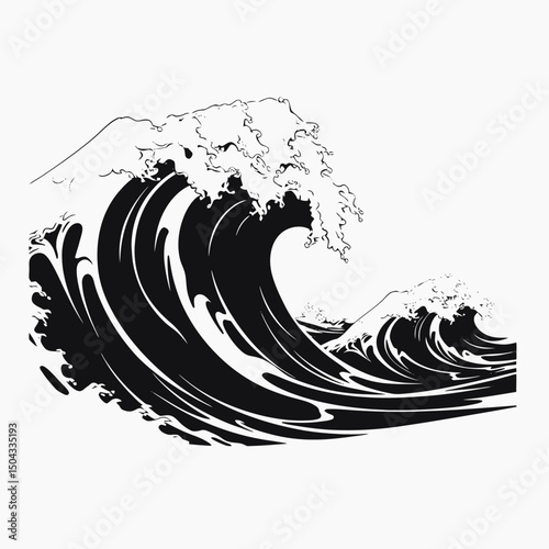 Dramatic oceanic wave illustration against a white backdrop, artistic ocean silhouette