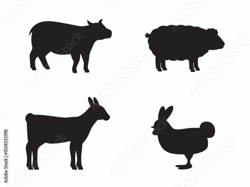 Silhouette depictions of farm animals including a cow sheep goat and chicken in black against white ground created with generated ai