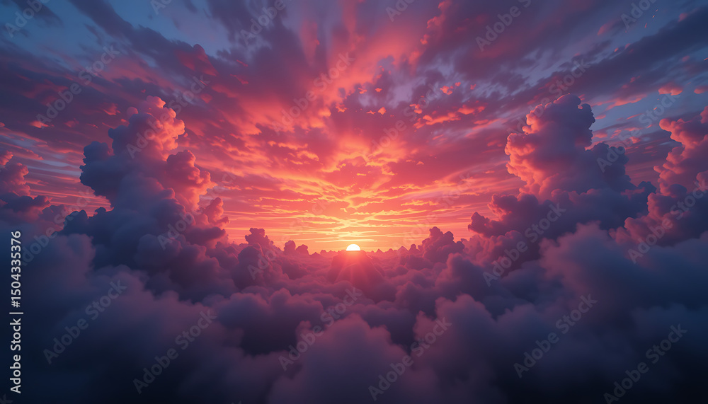 Fototapeta premium Spectacular Aerial View of a Vibrant Sunset Above a Sea of Clouds Dramatic Colors and Textures of a Breathtaking Celestial Event