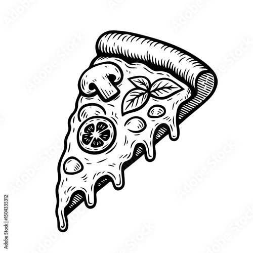 illustration of a pizza isolated on white background. pizza slice with salami,mushrooms, basil leaf and melted cheese for pizzeria package and menu designs. Flat Vector illustration.